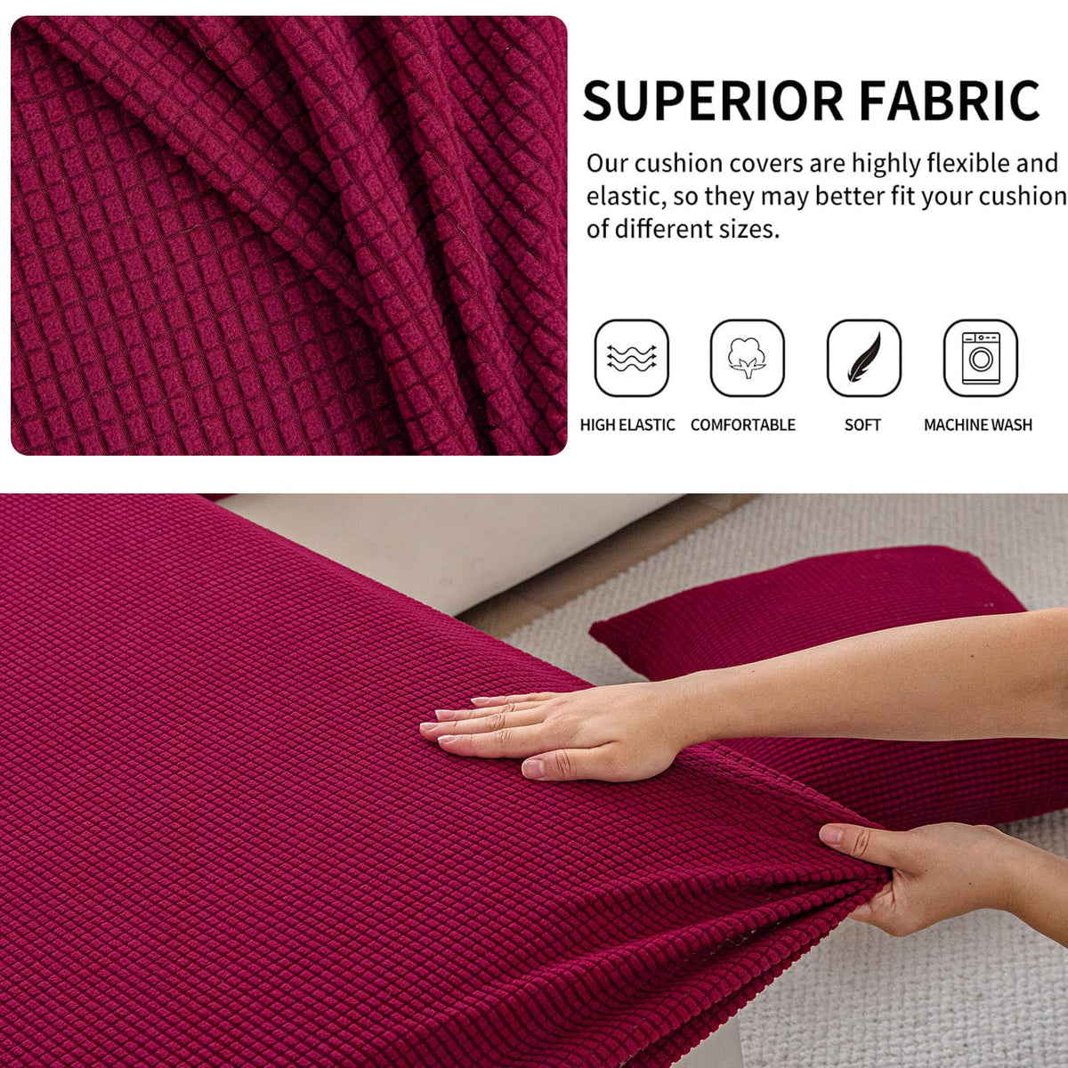 Stretchable Thick Jacquard Textured Seat Cushion Cover for 1/2/3 Seaters / Pieces for Sofa, Maroon