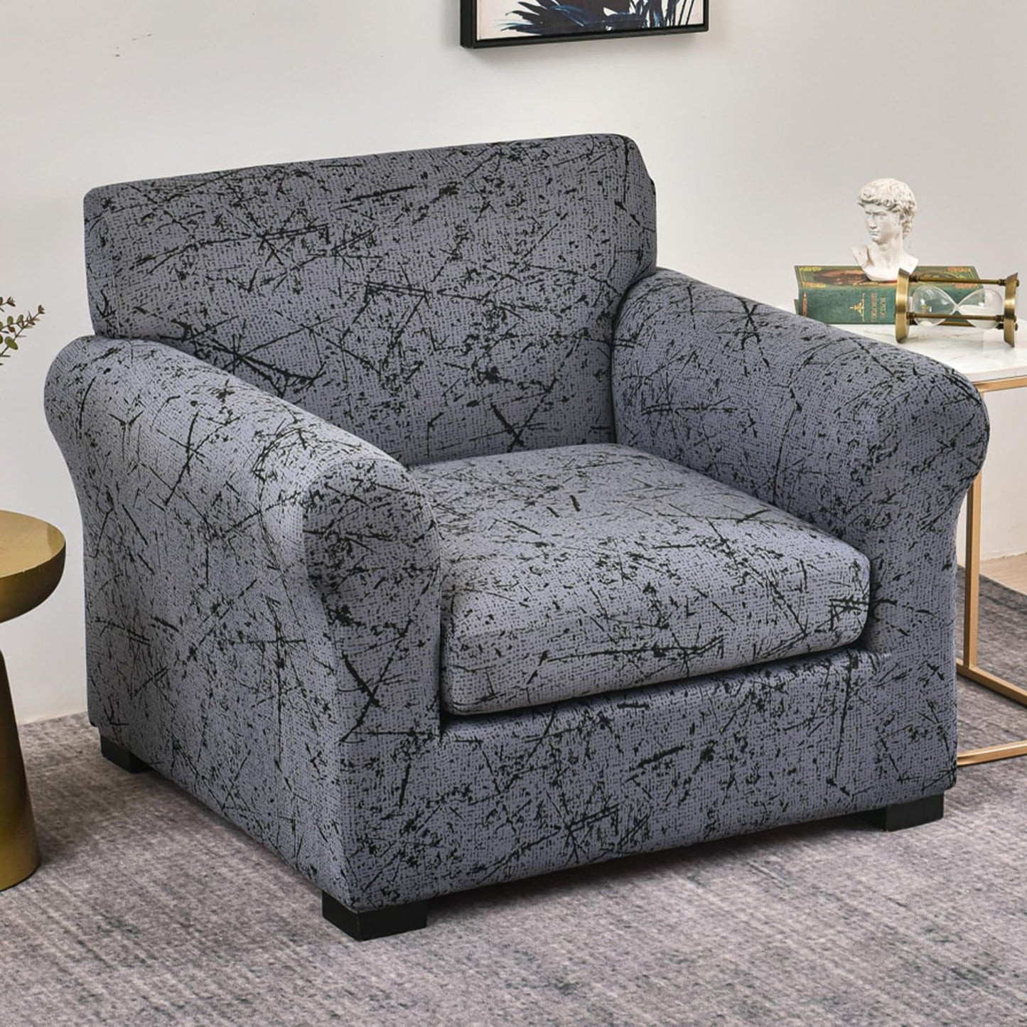 Printed Stretchable Sofa Slipcover with 1/2/3 Pc Separate Seat Cushion Cover for each 1/2/3 Seater, Intense Grey Splatter