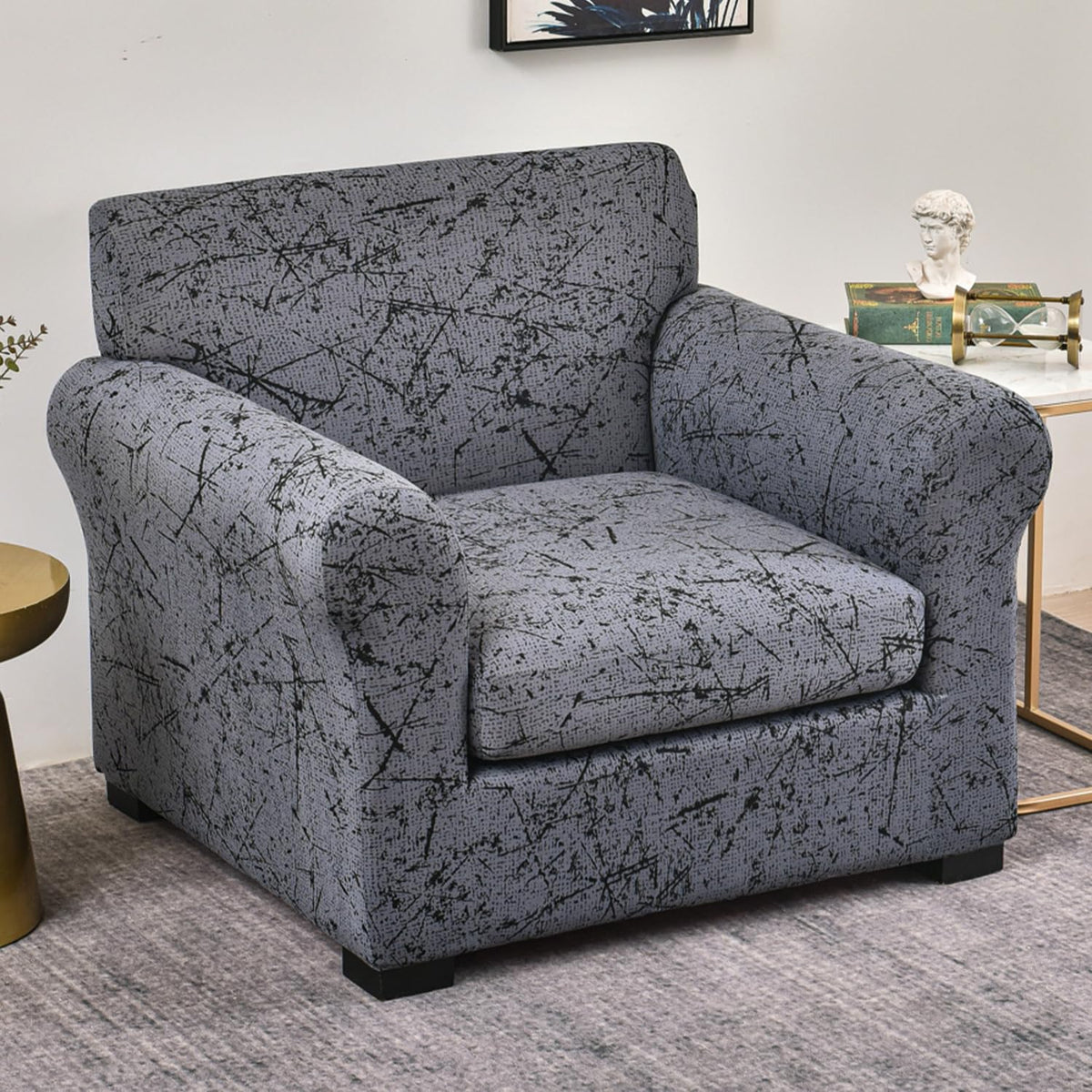 Printed Stretchable Sofa Slipcover with 1/2/3 Pc Separate Seat Cushion Cover for each 1/2/3 Seater, Intense Grey Splatter