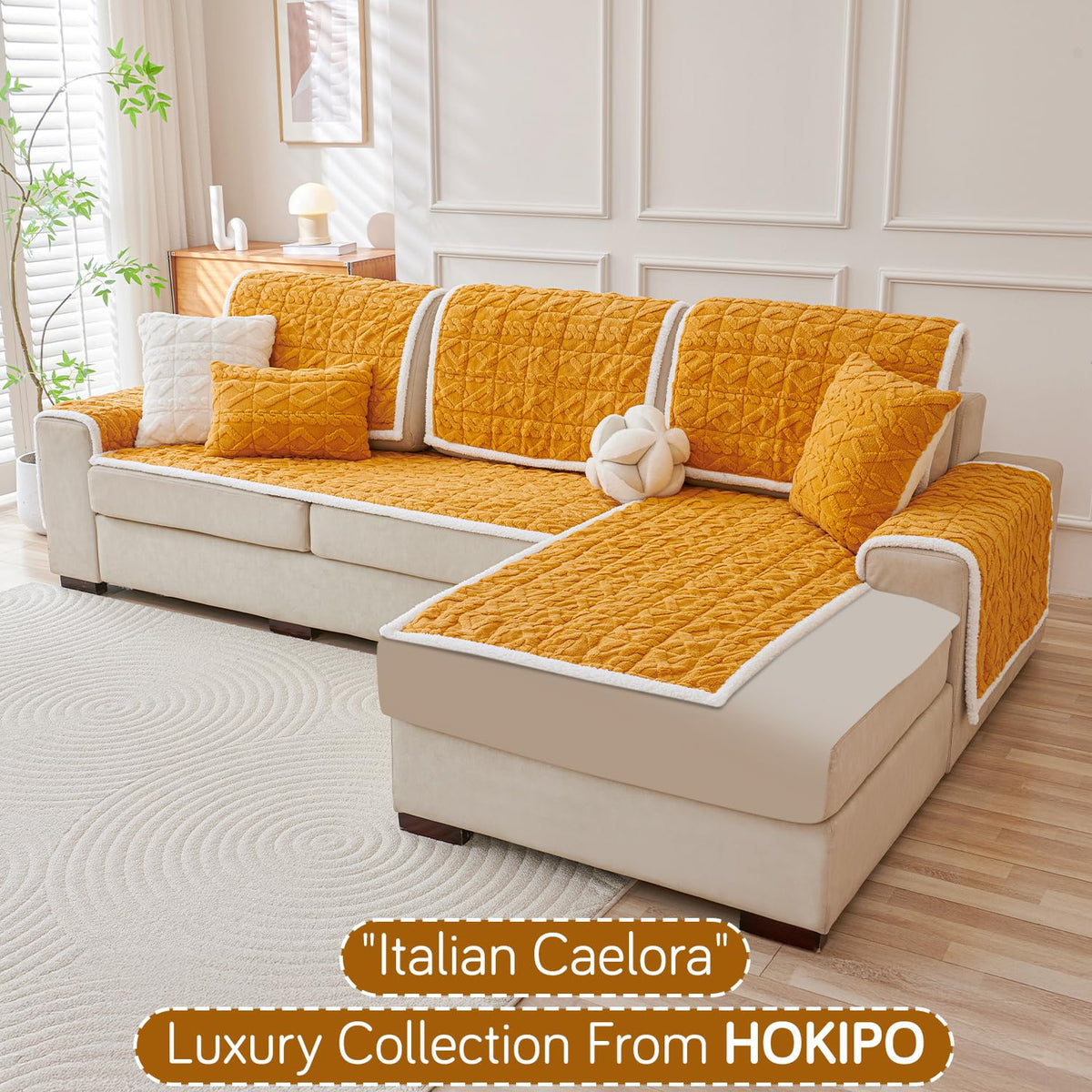 Italian Caelora Luxury Jacquard Plush L Shape Sofa Cover Seat Mat - Honey Yellow