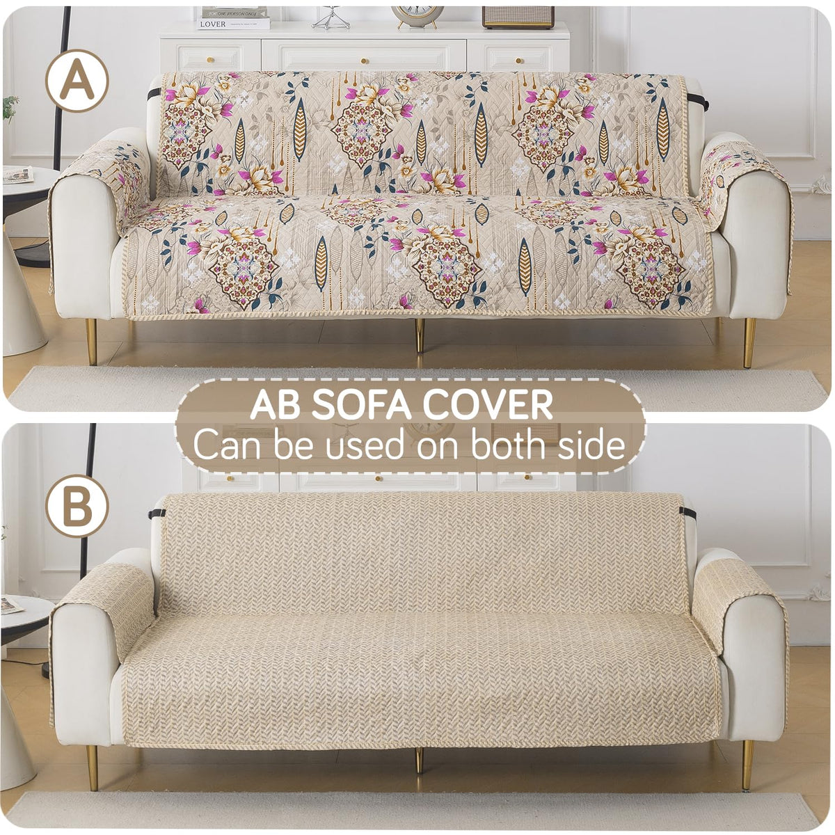 Easy Drape Reversible Quilted 5-Seater Sofa Cover (3+1+1), Garden Classic