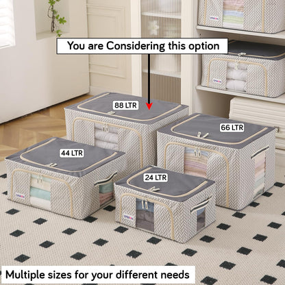Wardrobe Organizer Storage Box | Foldable Cloth Storage Boxes with Metal Frame & Window | 600D Oxford Fabric, Cream Mist