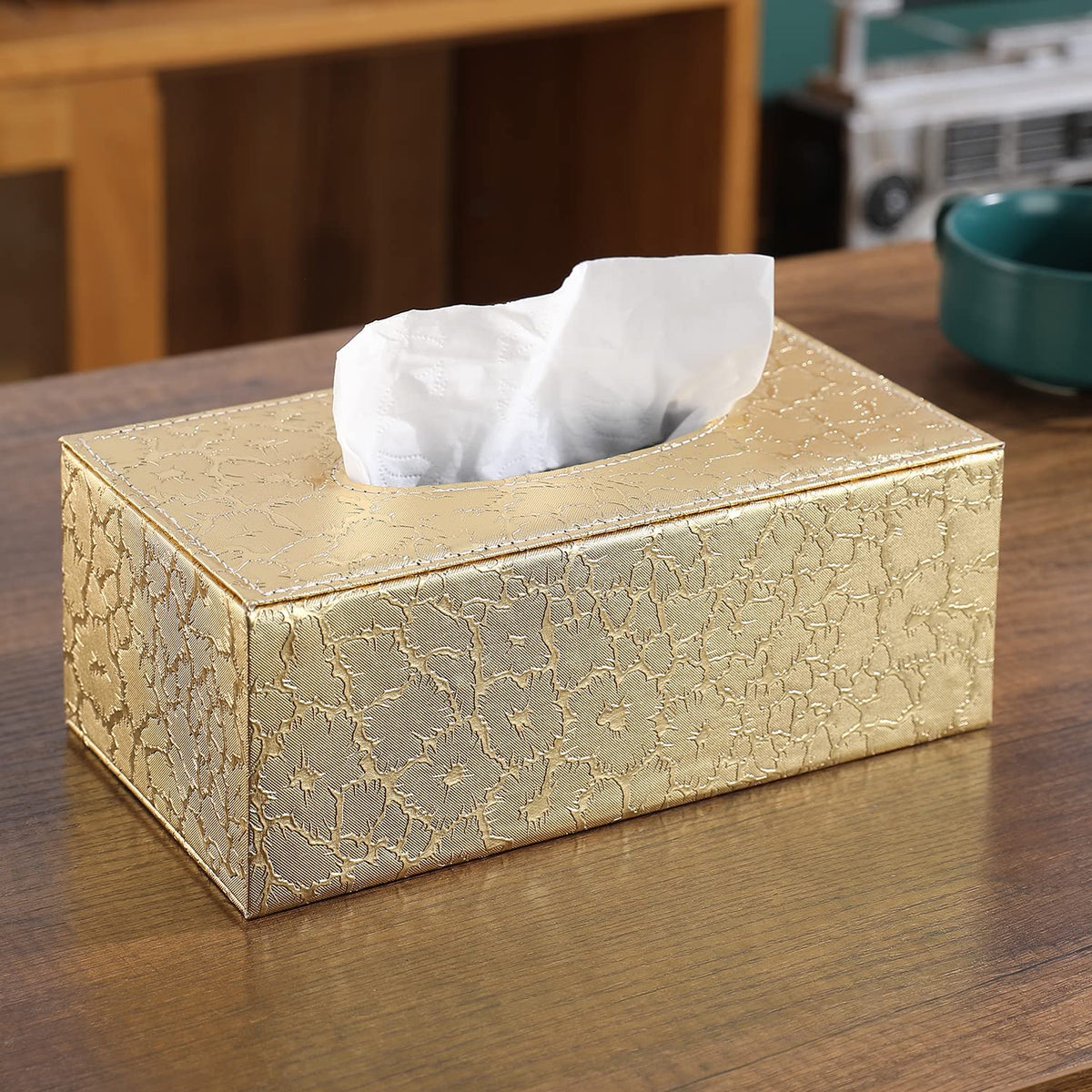 buy golden faux leather tissue box | HOKIPO