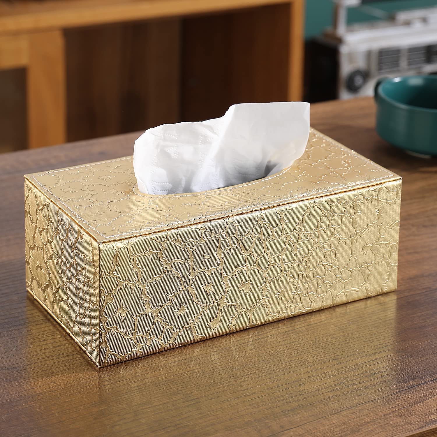 buy golden faux leather tissue box | HOKIPO
