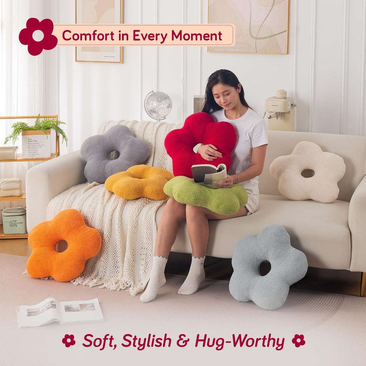 HOKIPO Flower Shaped Cushion for Sofa & Bed, 49 cm, Red