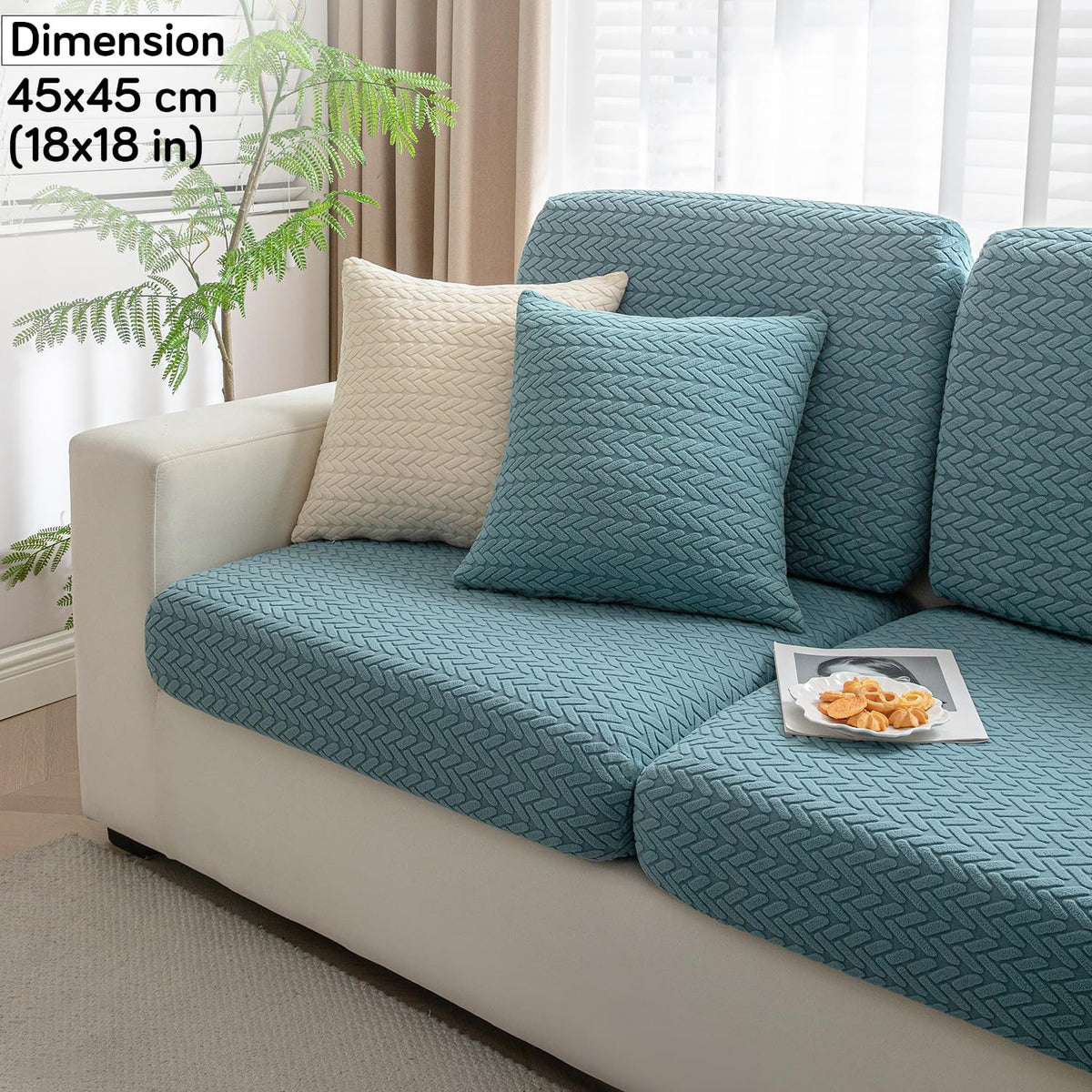 Carolina Blue Colour Grid Texture Jacquard Sofa Cushion Cover
