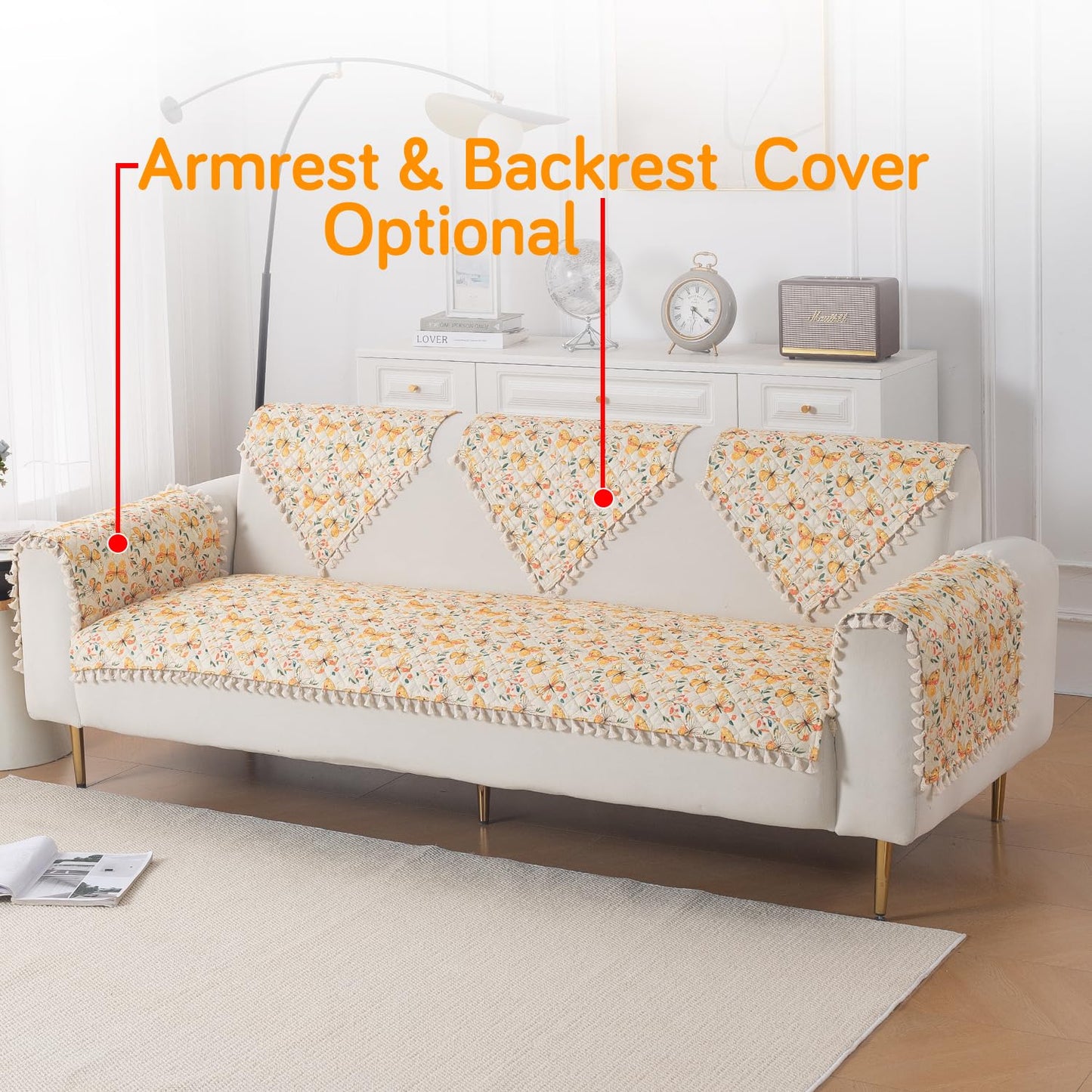 Quilted Sofa Seat Mat for 5-Seater Sofa (3+1+1), Tassel Twigs | Sunlit Butterfly