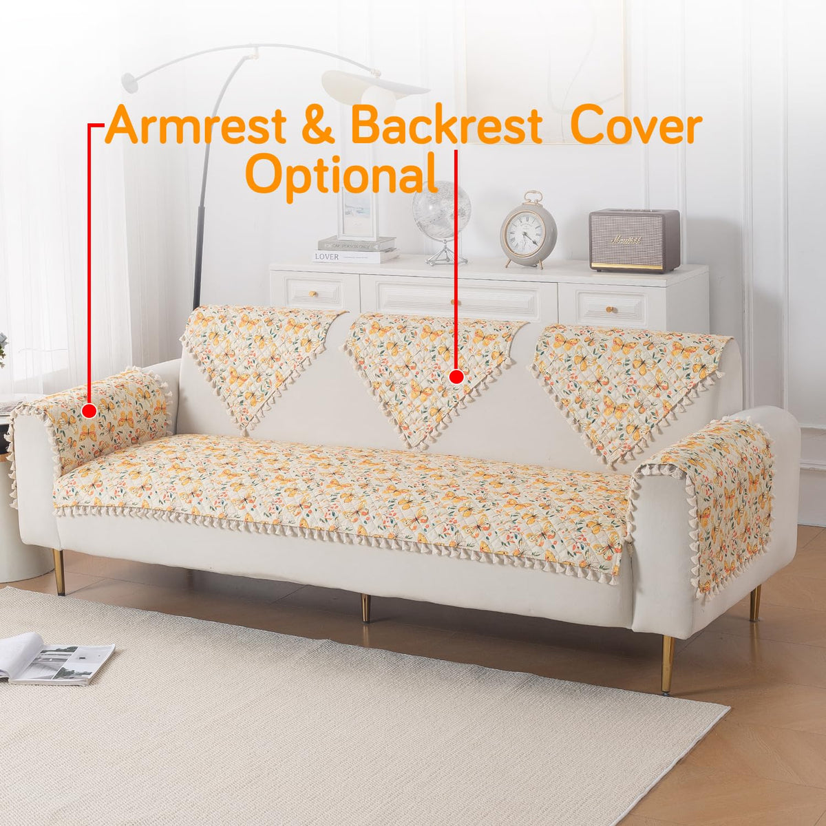 Quilted Sofa Seat Mat for 5-Seater Sofa (3+1+1), Tassel Twigs | Sunlit Butterfly