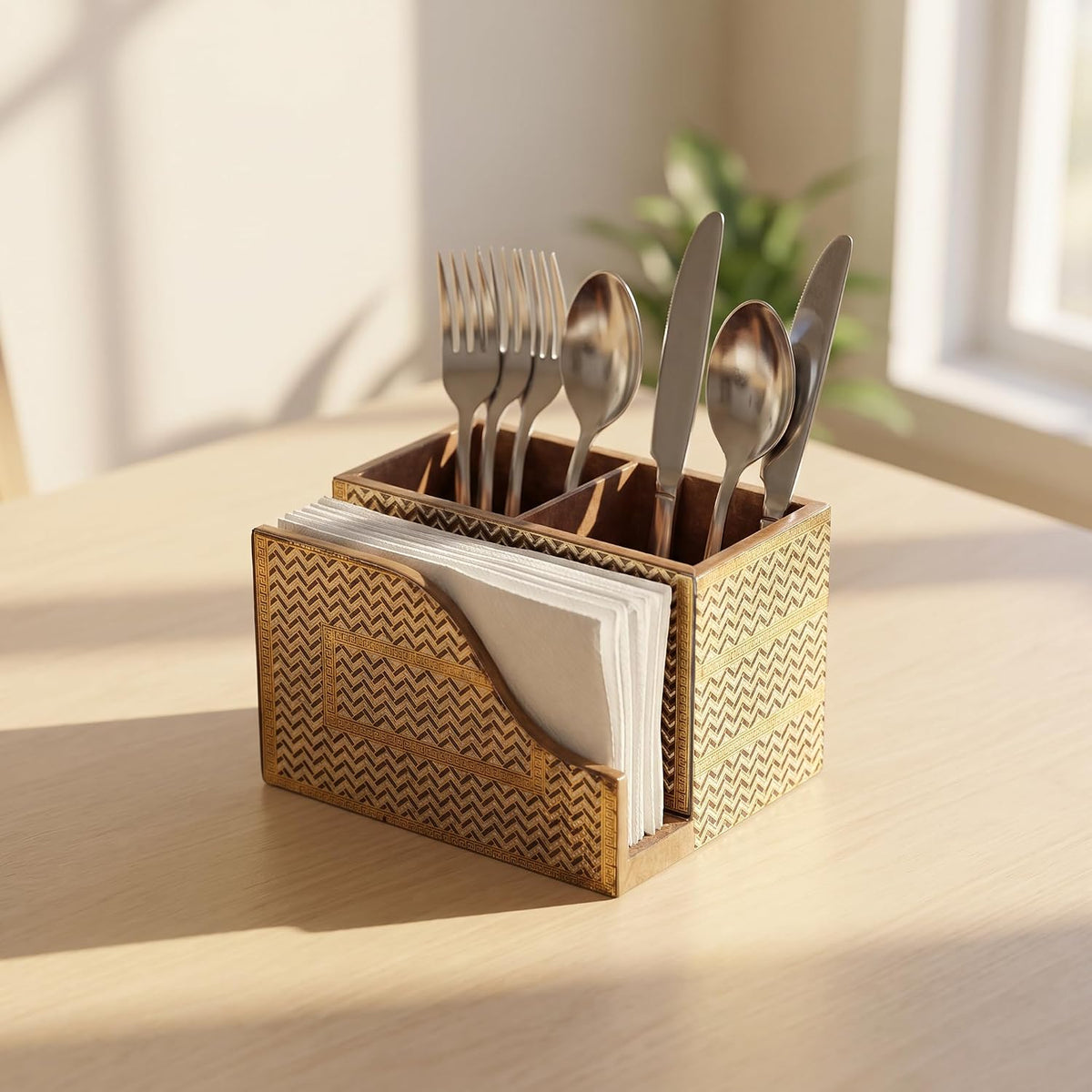 HOKIPO Cutlery Holder with Napkin Stand, Engineered Wood, Shahi Gulnaar - image 13