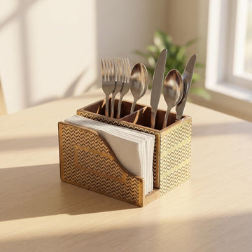 HOKIPO Cutlery Holder with Napkin Stand, Engineered Wood, Noir Chevron - image 1