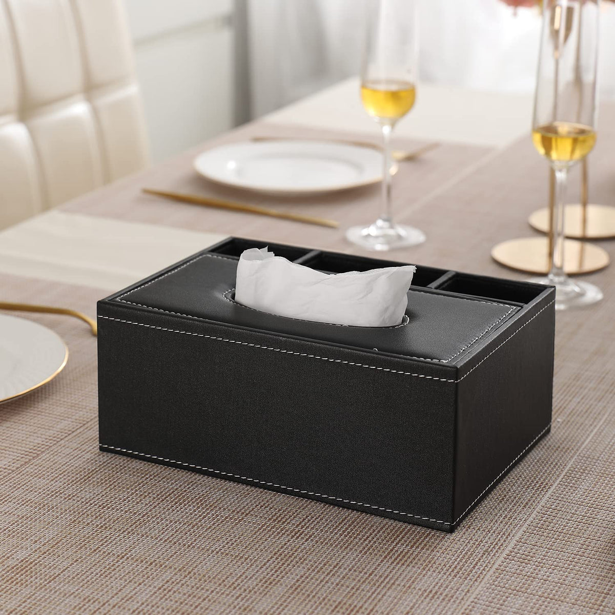 Black Faux Leather Tissue Box With Remot & Phone Holder | HOKIPO
