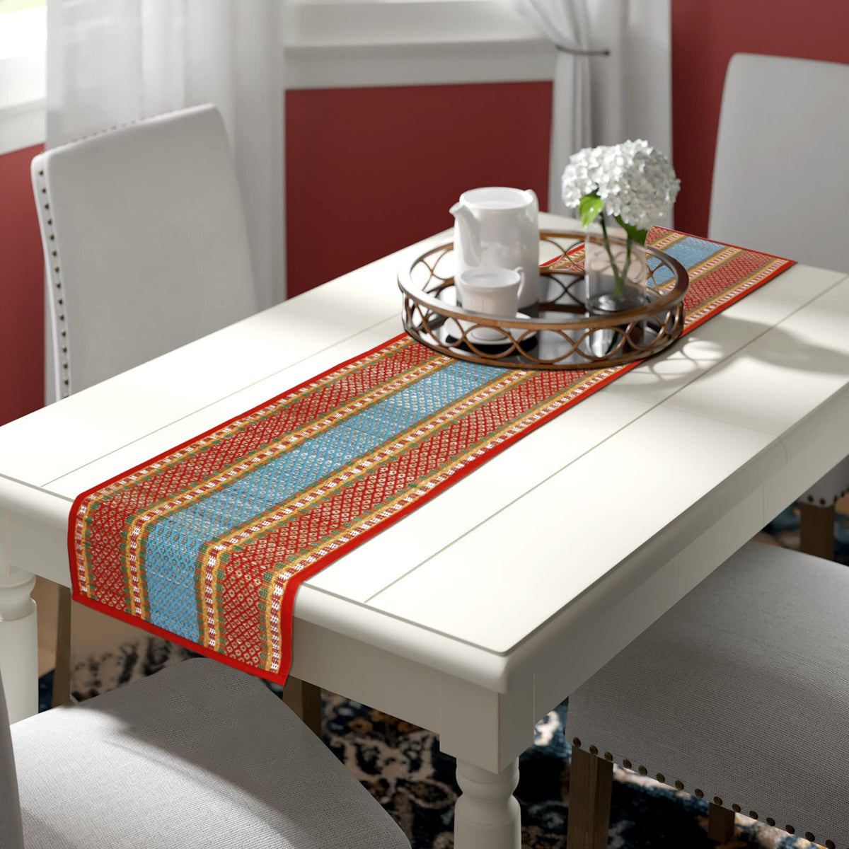 Buy Red Colour Handmade Madurkathi Dining Table Runner - HOKIPO | Har Ghar ka Humsafar