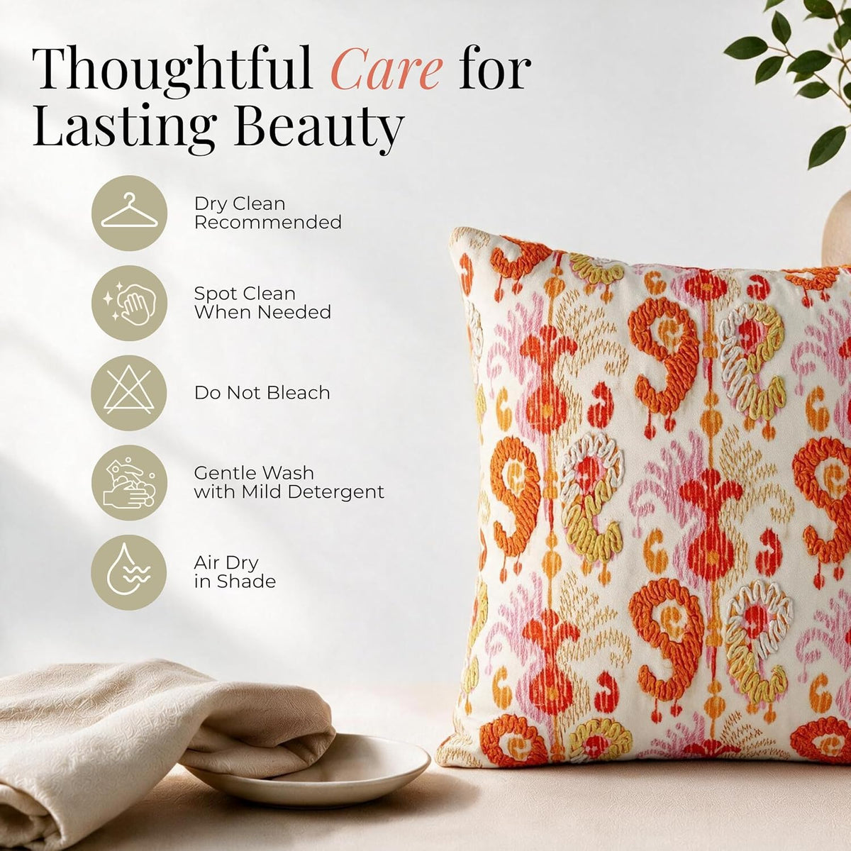 HOKIPO Printed Cushion Cover with Embroidery, Folk Paisley Peach Orange, 16 x 16 in - image 6