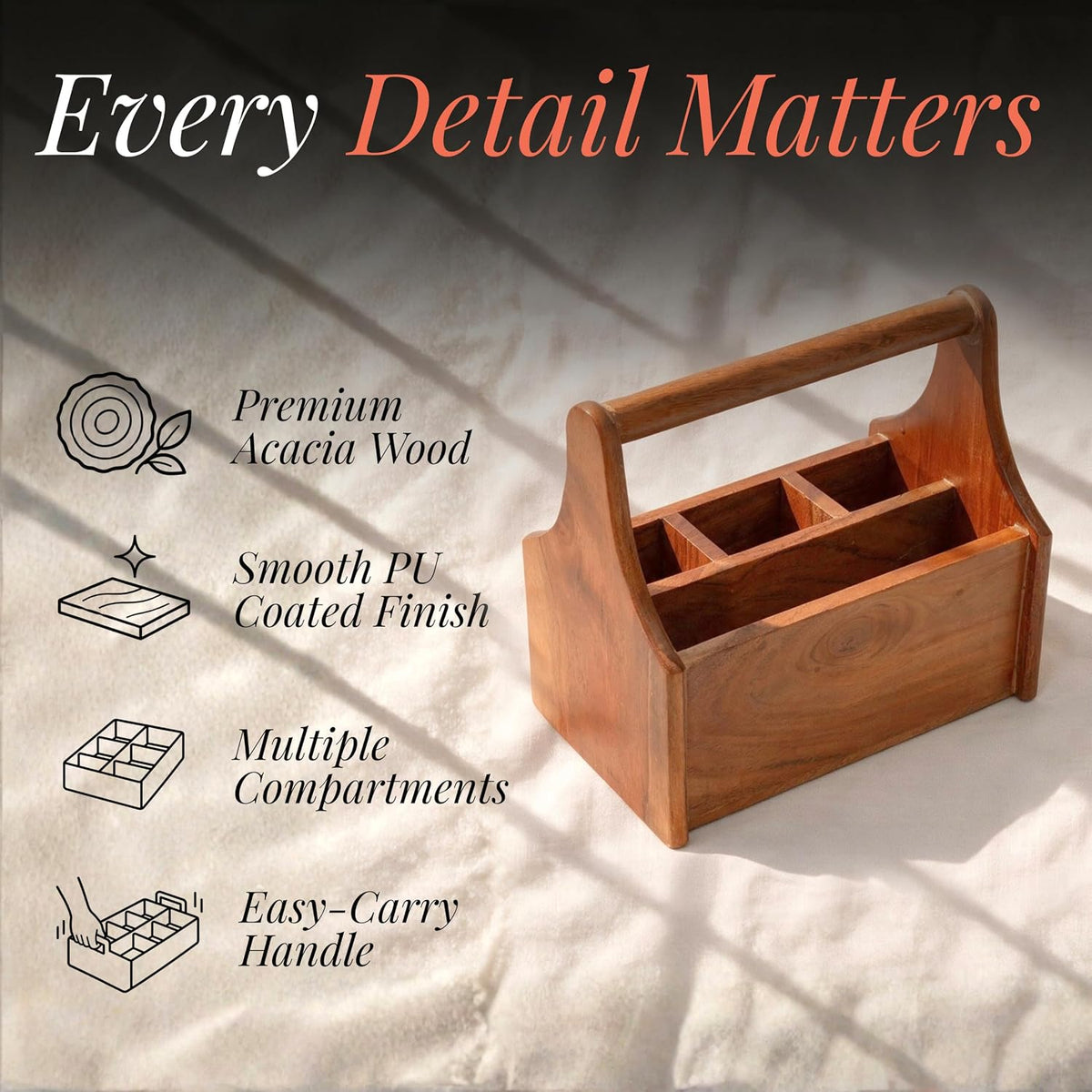 HOKIPO Arbor Acacia Wood Cutlery Caddy with Handle, 4 Compartment Organiser - image 3