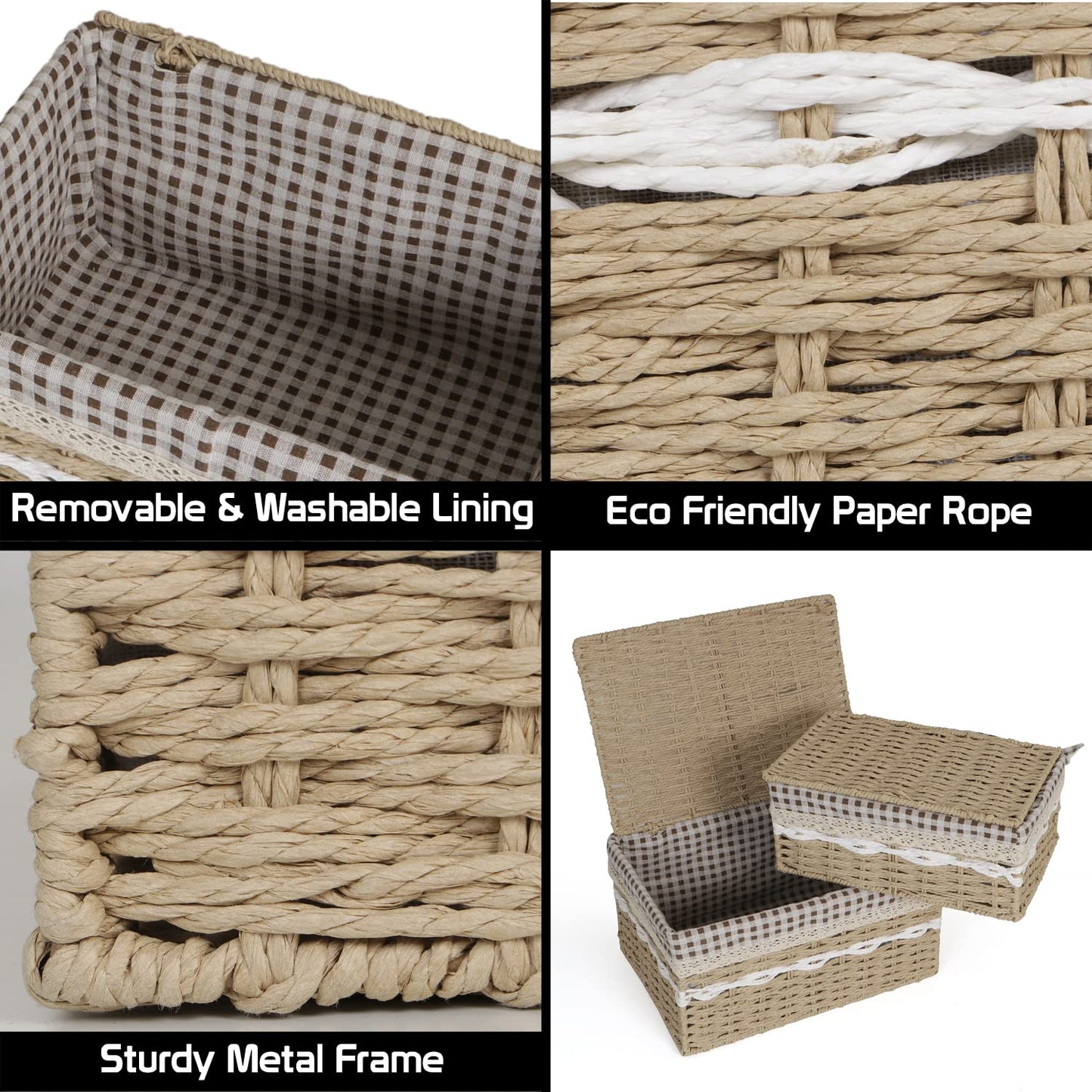 Environmental Friendly Paper Rope Wicker Storage Baskets with lid, Set of 2, Beige