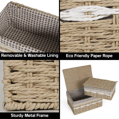 Environmental Friendly Paper Rope Wicker Storage Baskets with lid, Set of 2, Beige