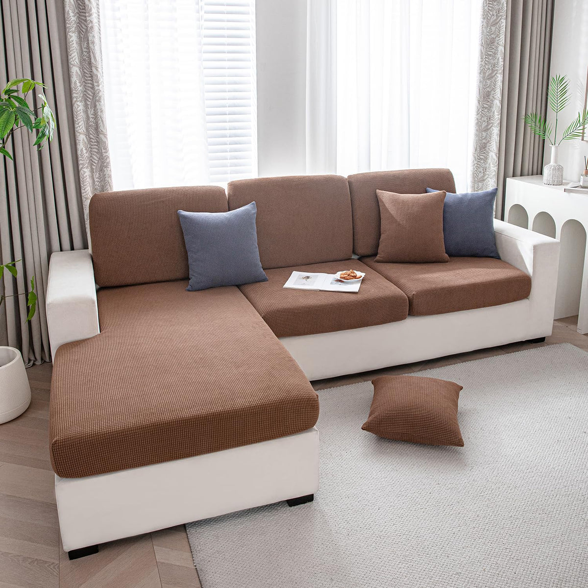 Stretchable Thick Jacquard Textured Seat Cushion Cover for 1/2/3 Seaters / Pieces for Sofa, Brown