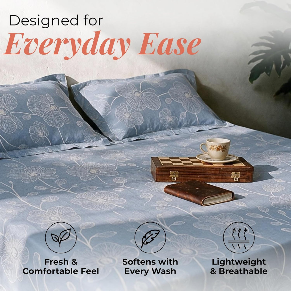 HOKIPO Line Art 180 TC Cotton Percale Flat Bedsheet, King Size, Powder Blue - image 3
