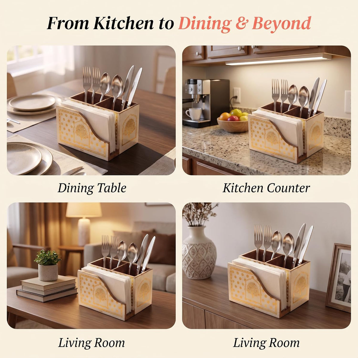 HOKIPO Cutlery Holder with Napkin Stand, Engineered Wood, Swarna Vriksha - image 8