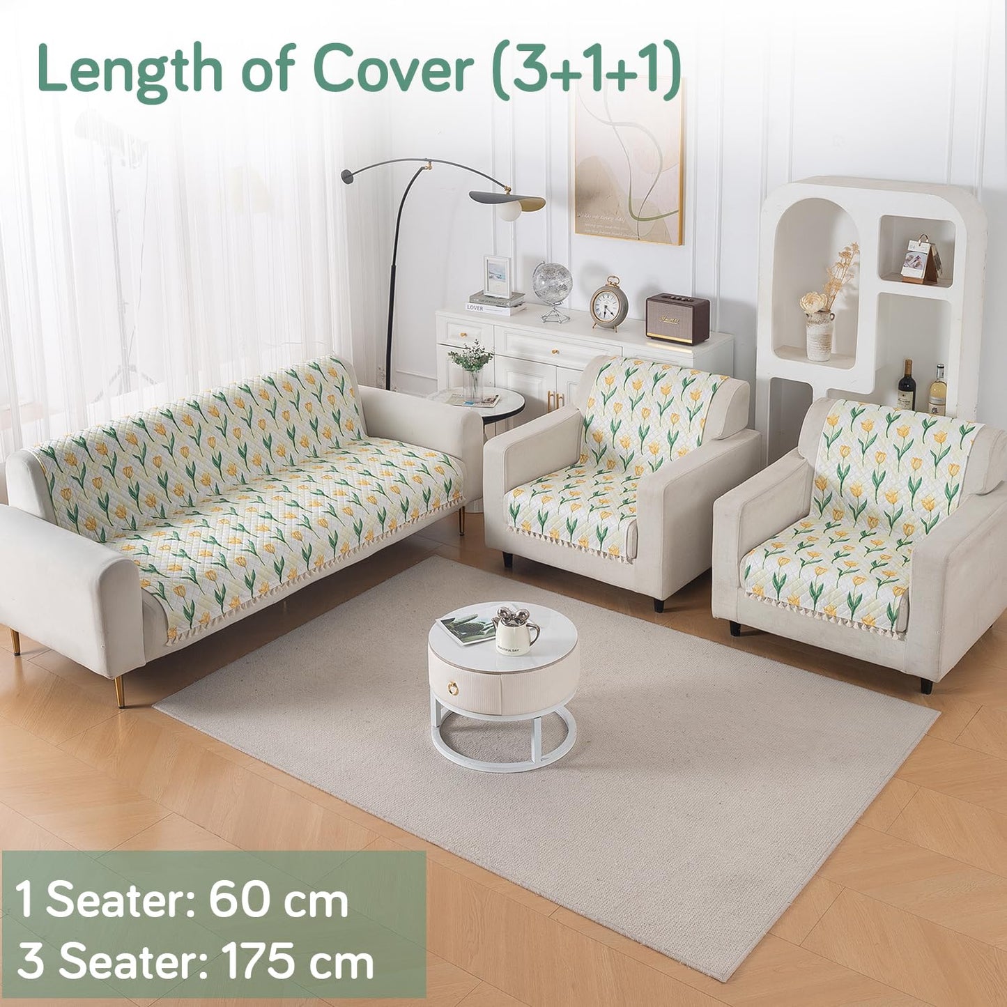Quilted Sofa Cover 5-Seater Sofa Cover (3+1+1), Tassel Twigs | Tulip Blossom
