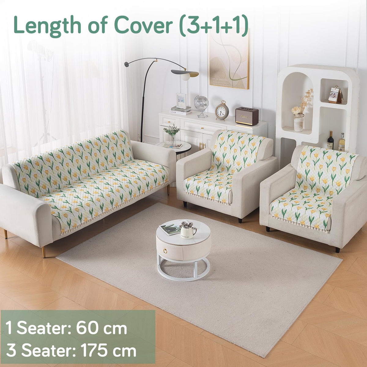 Quilted Sofa Cover 5-Seater Sofa Cover (3+1+1), Tassel Twigs | Tulip Blossom