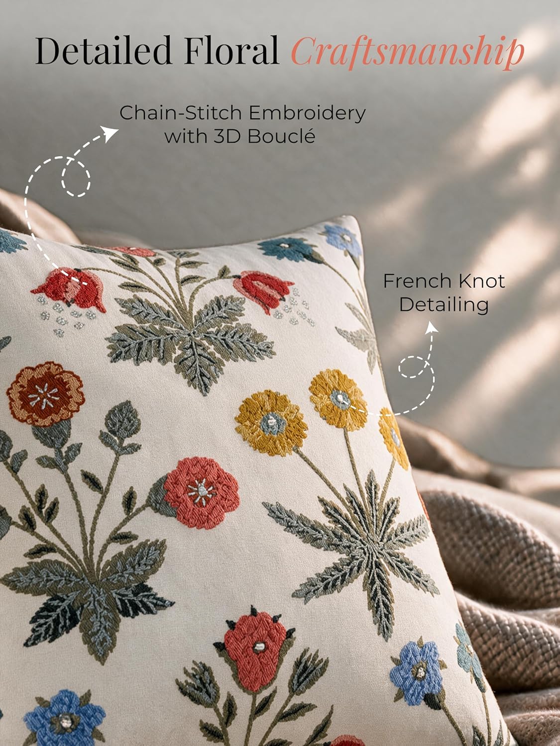 HOKIPO Crewel Embroidered Cushion Cover, Floral Multicolor, 16 x 16 in - image 8