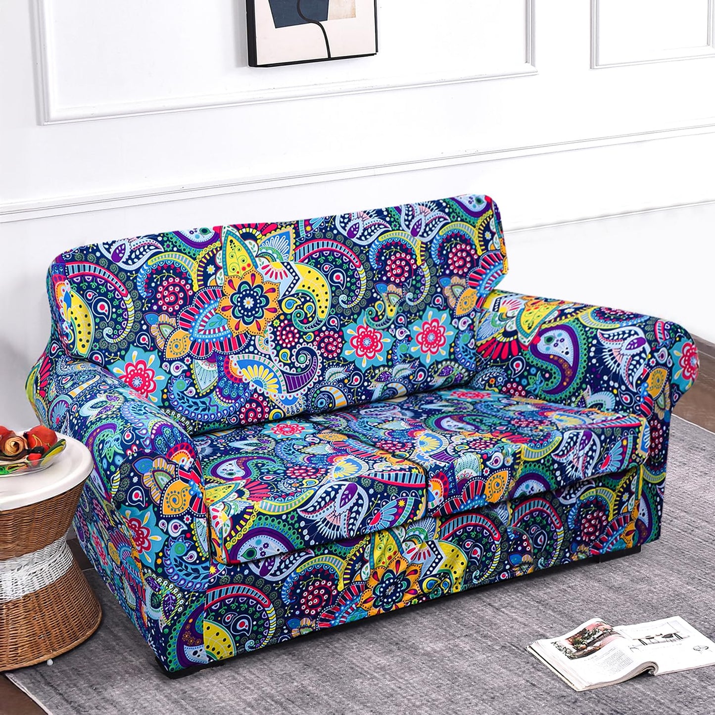 Printed Stretchable Sofa Slipcover with 1/2/3 Pc Separate Seat Cushion Cover for each 1/2/3 Seater, Saphire Boho Carnival