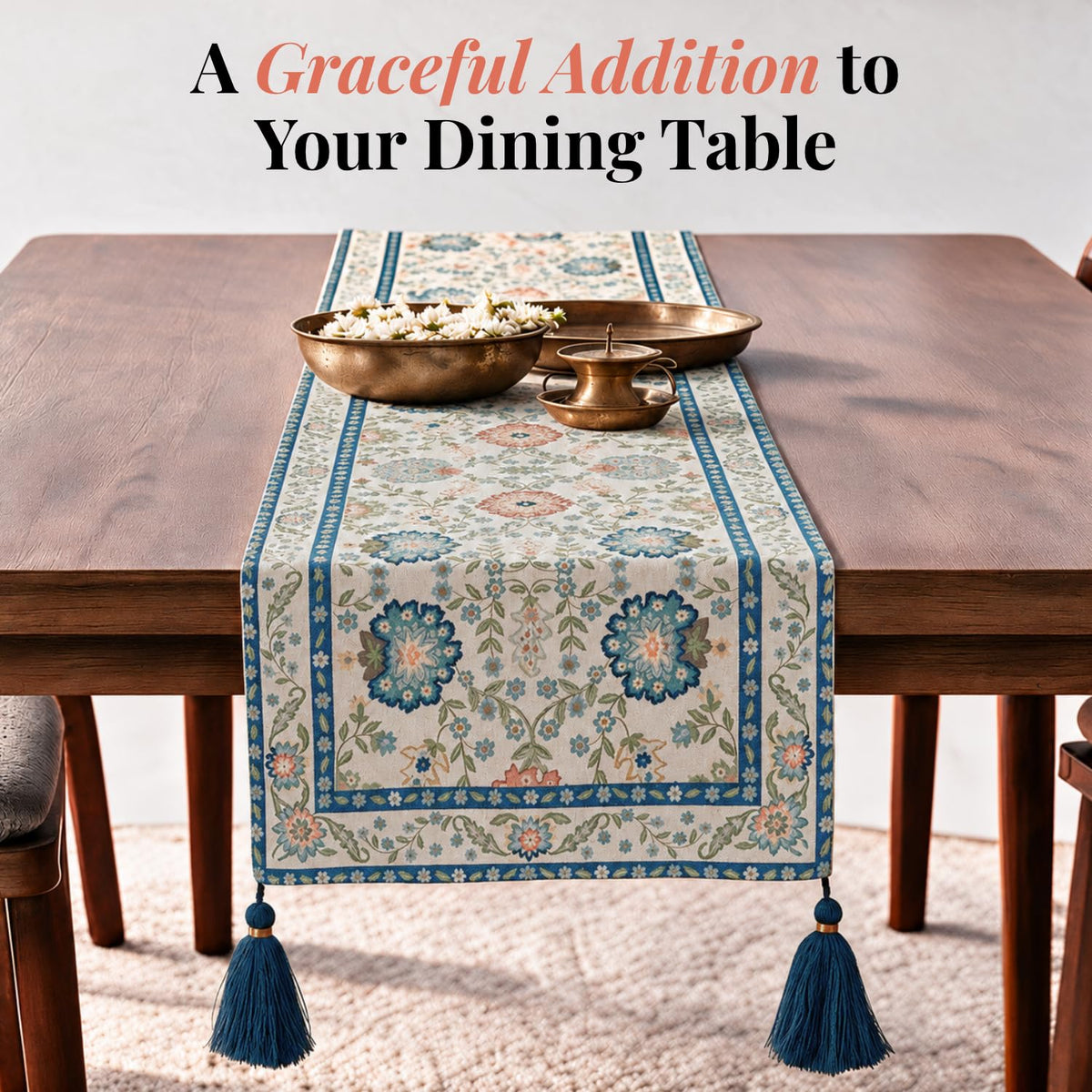 HOKIPO Floral Printed Table Runner with Embroidered Details, Ivory & Blue - image 2