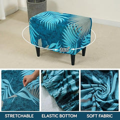 Stretchable 140 GSM Footstool Cover, Sea Blue Tropical Leaves