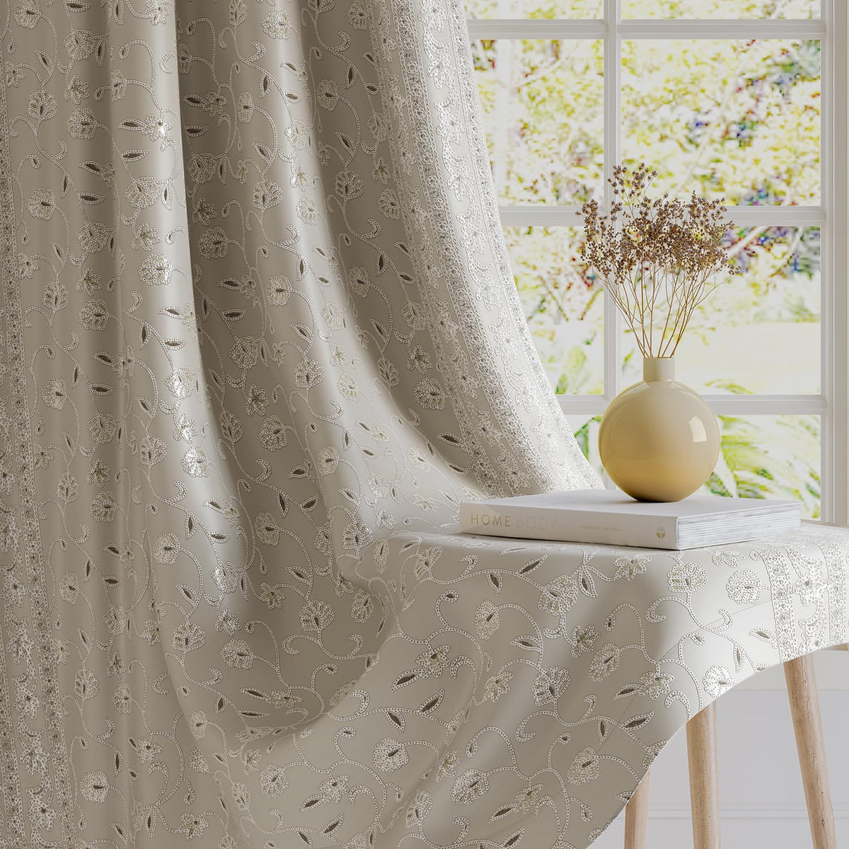 HOKIPO Shahi Bagh Eyelet Curtains, 7 Feet Long - Taupe