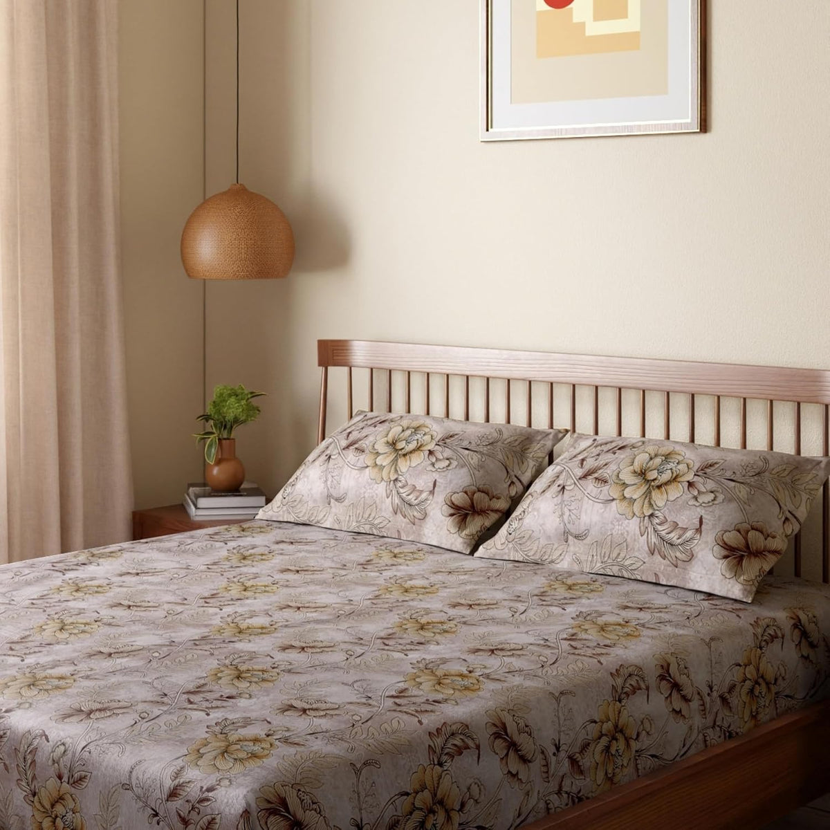 HOKIPO King Size Cotton Bedsheet, 2 Pillow Covers, Chestnut & Mustard - image 1