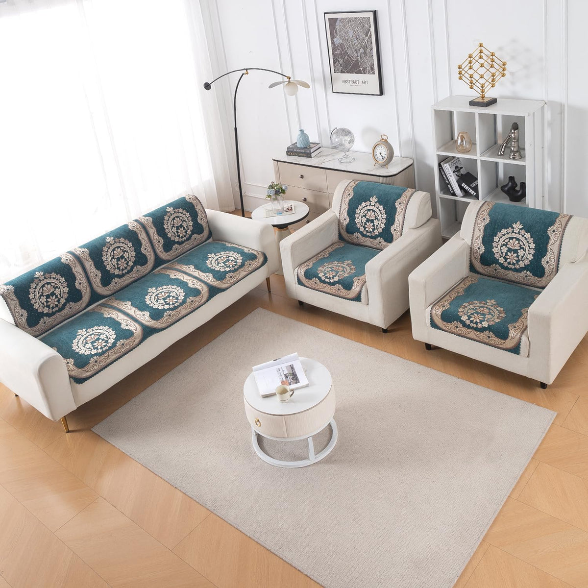 Royal Aangan Premium Chenille Jacquard Sofa Cover 5 Seater Set 3+1+1 Sofa Cover for Seat & Back, Shahi Teal