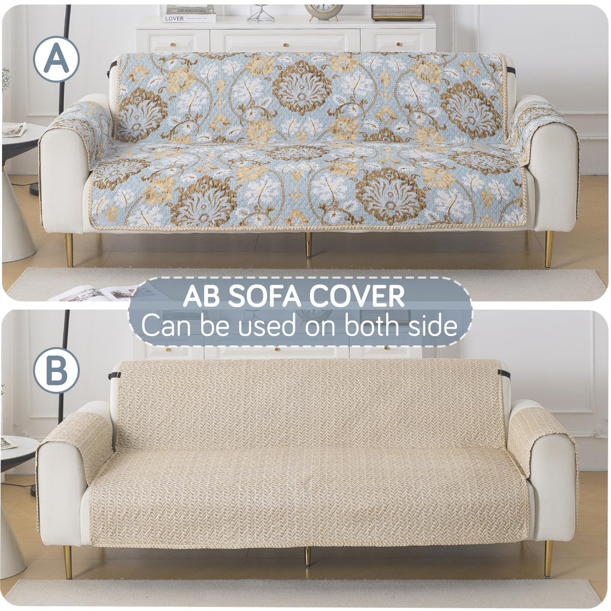 Easy Drape Reversible Quilted 5-Seater Sofa Cover (3+1+1), Cool Breeze Floral
