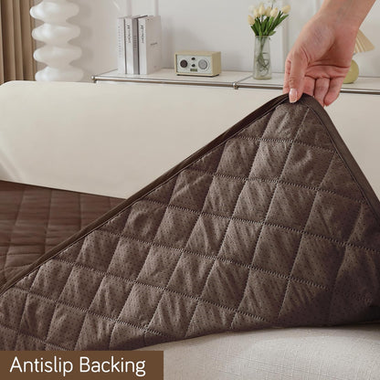 HOKIPO Quilted Waterproof Sofa Seat Mat for 1/2/3 Seater Sofa with 2 Armrest Covers with Pockets, Brown
