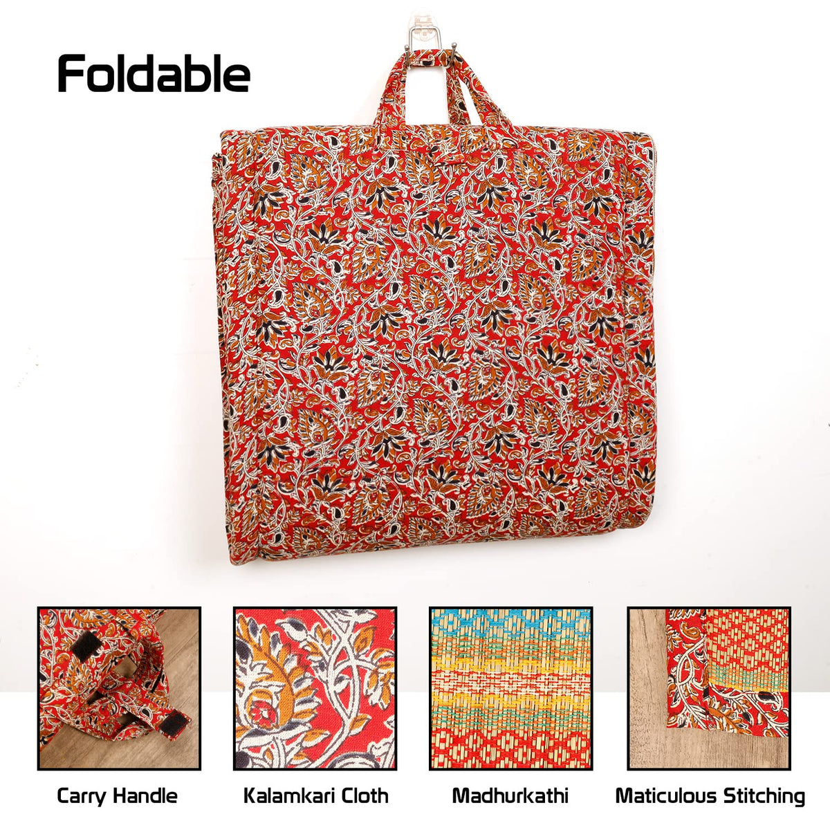 Foldable Madurkathi floor mat with red Kalamkari design, 6x3 feet, eco-friendly