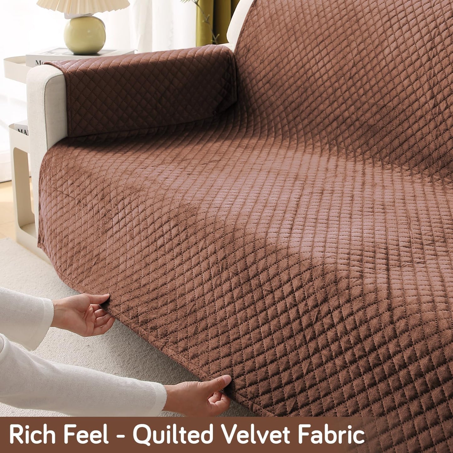 Quilted Velvet Sofa Cover Mat with Side Pockets, Pet Friendly, Russet Brown