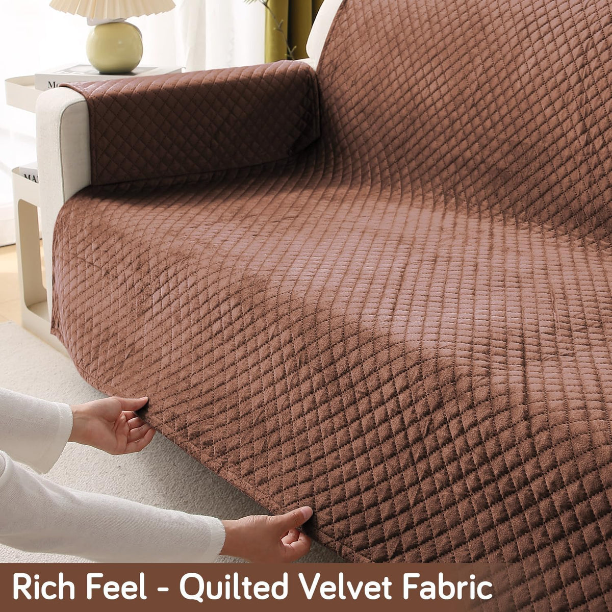 Quilted Velvet Sofa Cover Mat with Side Pockets, Pet Friendly, Russet Brown