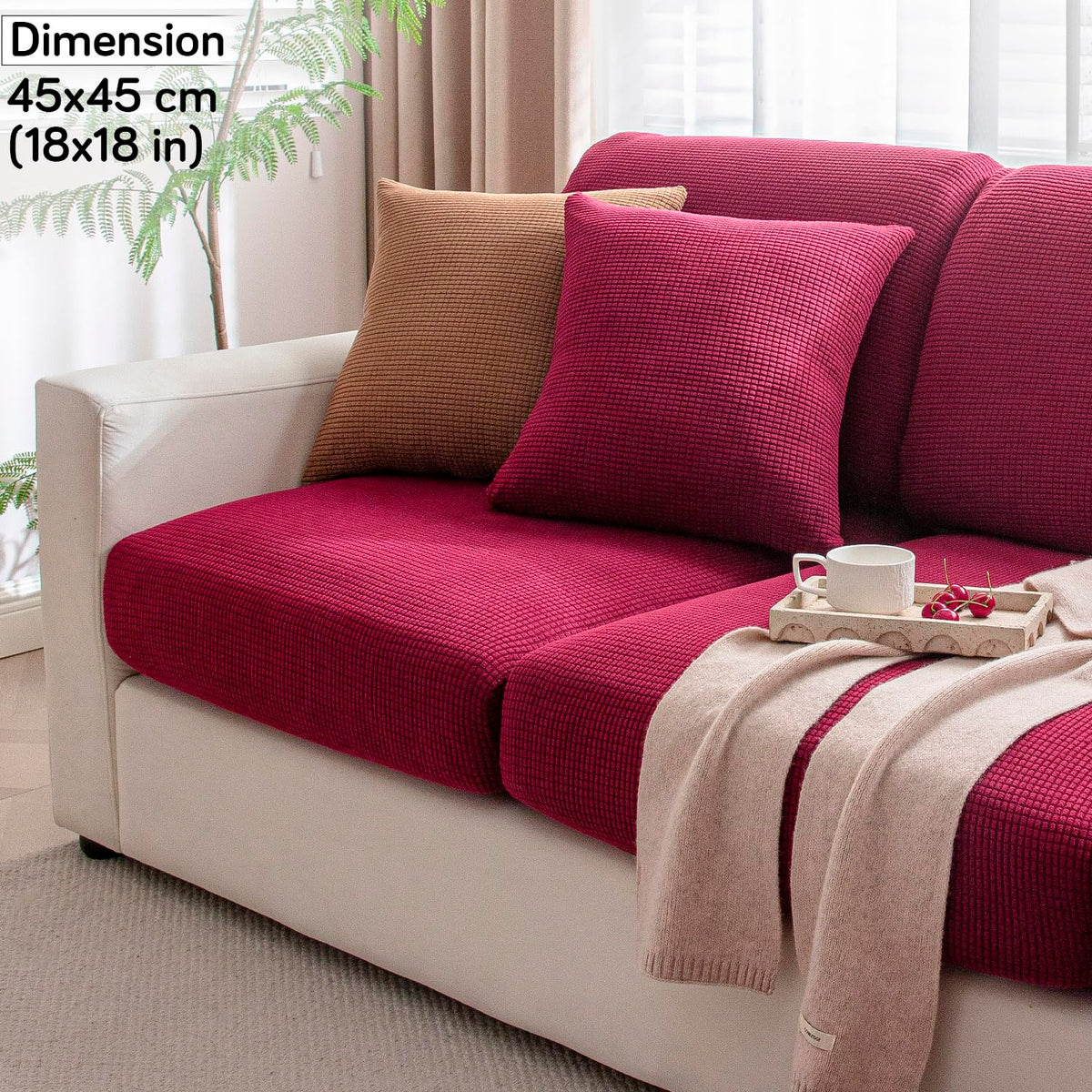 Maroon Colour Grid Texture Jacquard Sofa Cushion Cover