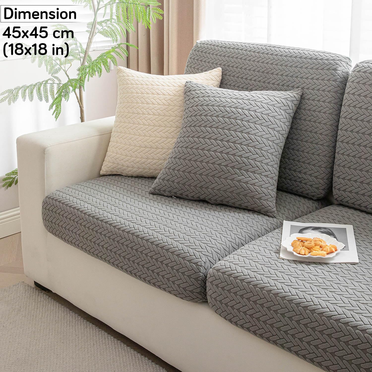 Dark Grey Colour Grid Texture Jacquard Sofa Cushion Cover