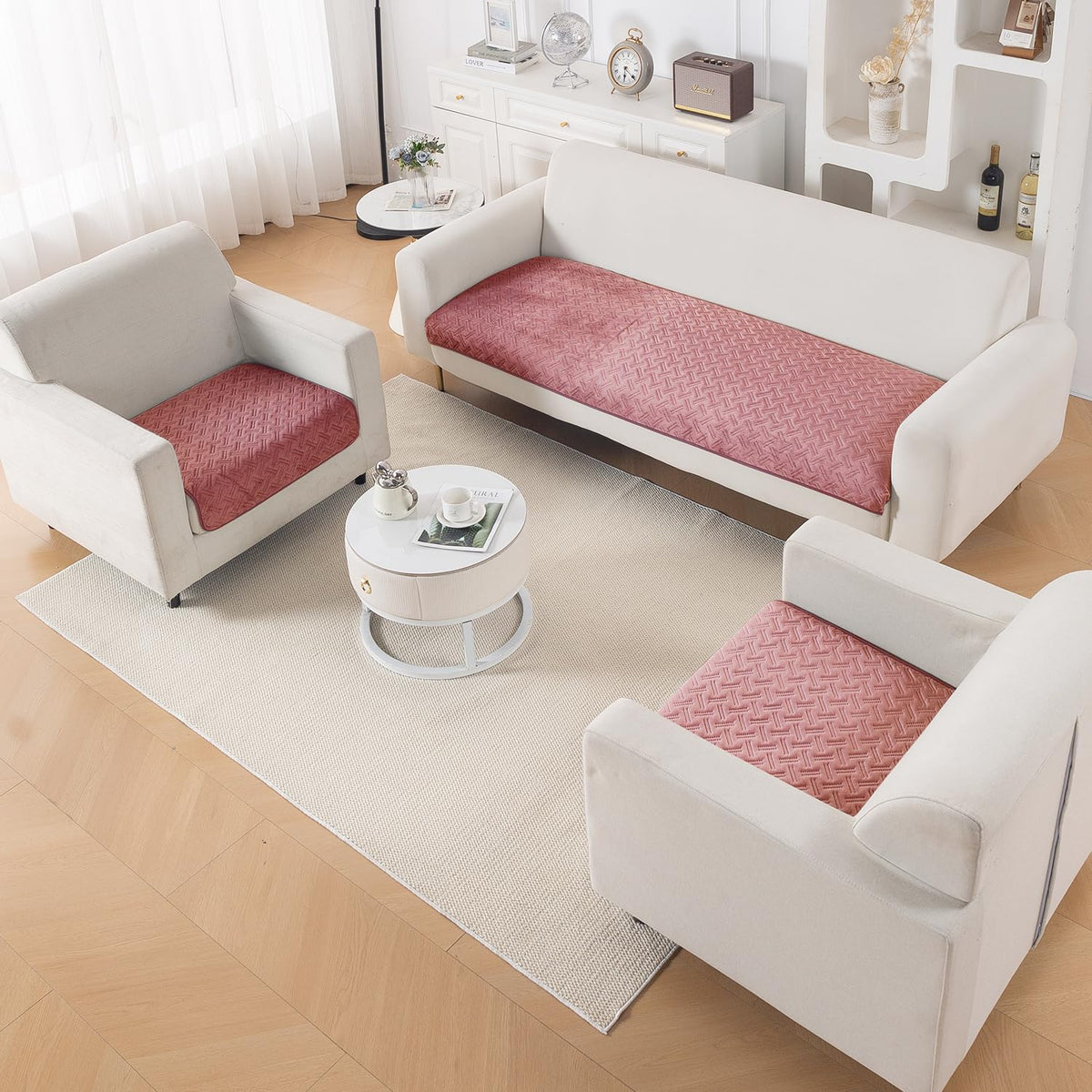 Premium Velvety Quilted Softline 5-Seater Sofa Cover (3+1+1), Dusty Rosepink