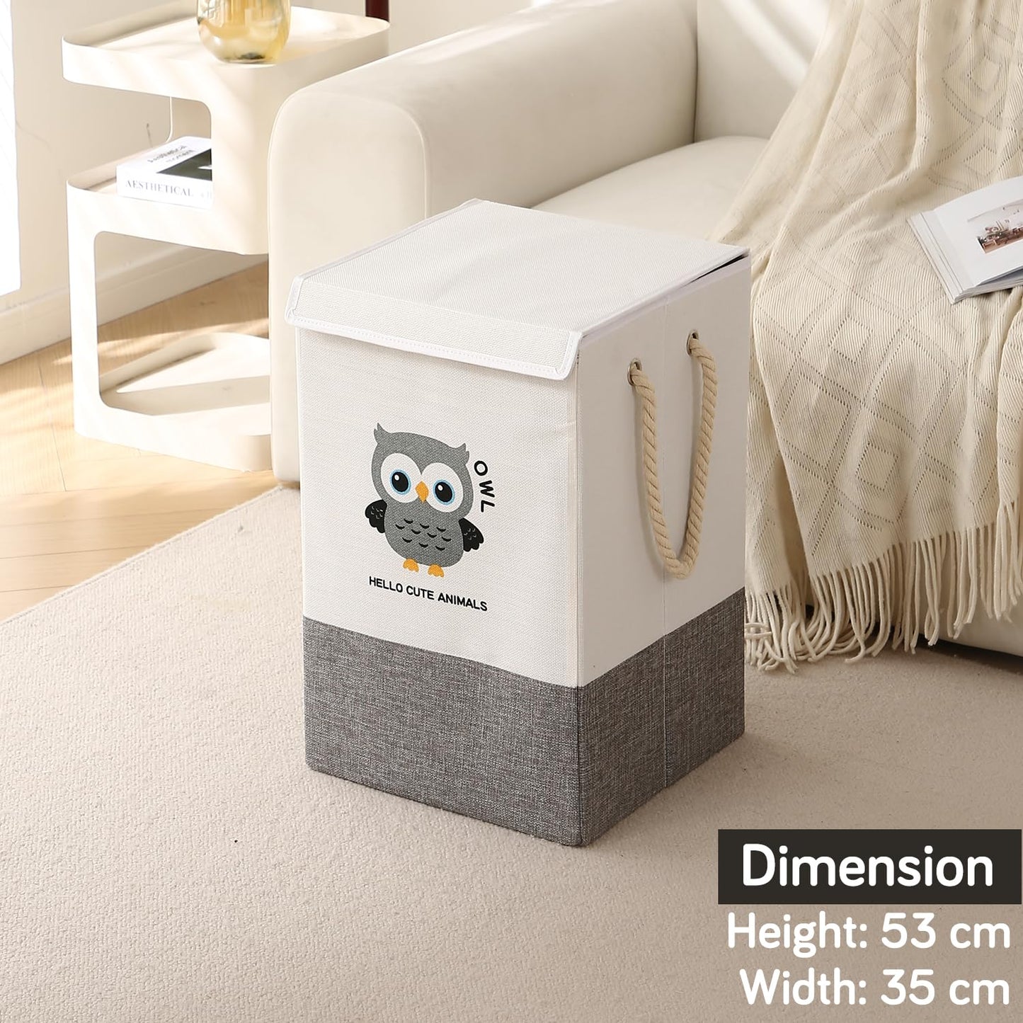 Foldable Laundry Basket for Clothes with Lid, Grey - Owl