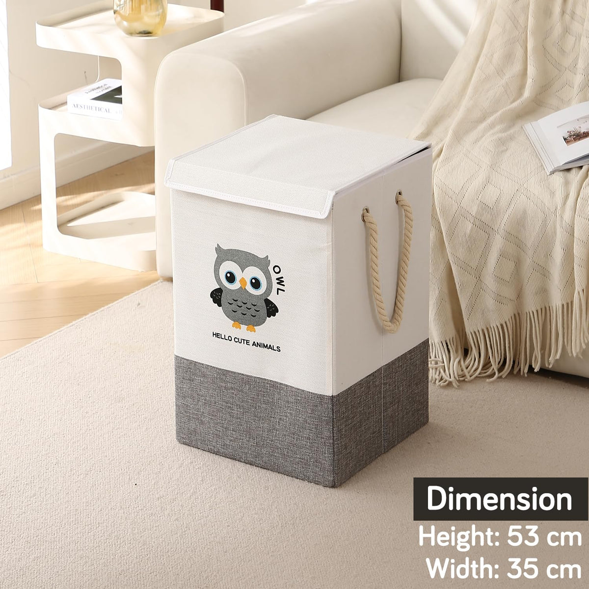 Foldable Laundry Basket for Clothes with Lid, Grey - Owl