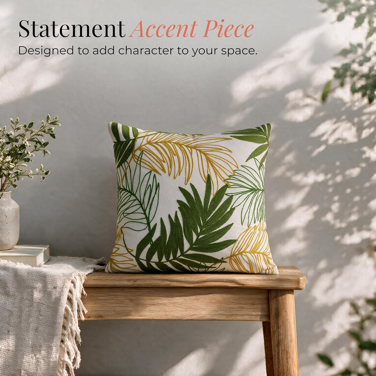 HOKIPO Crewel Embroidered Cushion Cover, Green & Mustard, 16 x 16 in - image 5