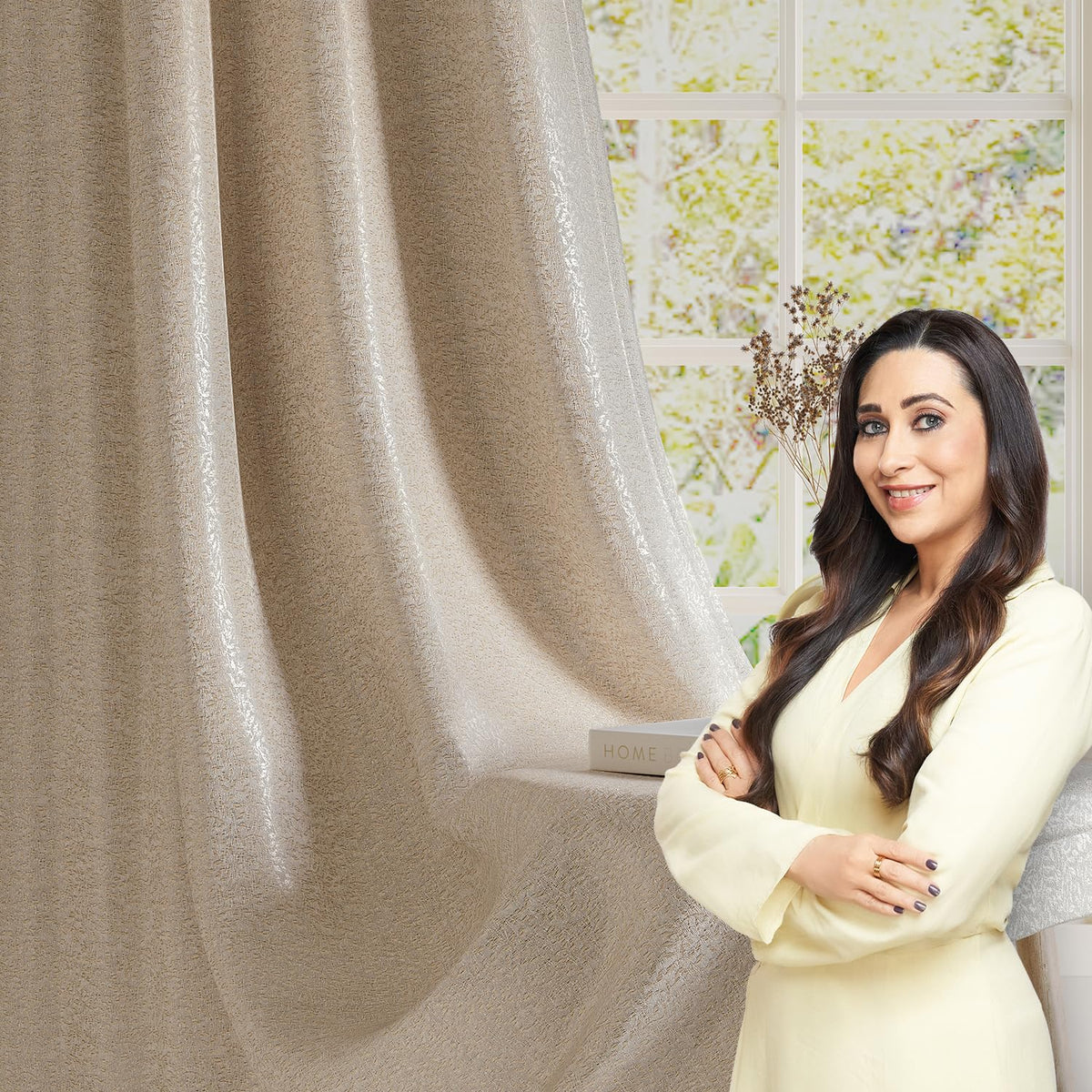 HOKIPO Eden Eyelet Curtains, 7 Feet Long - Soft Beige