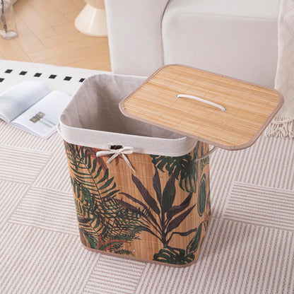 Eco-Friendly Foldable Bamboo Laundry Basket Hamper with Lid, Large - 60 Liter, Ficus Leaves