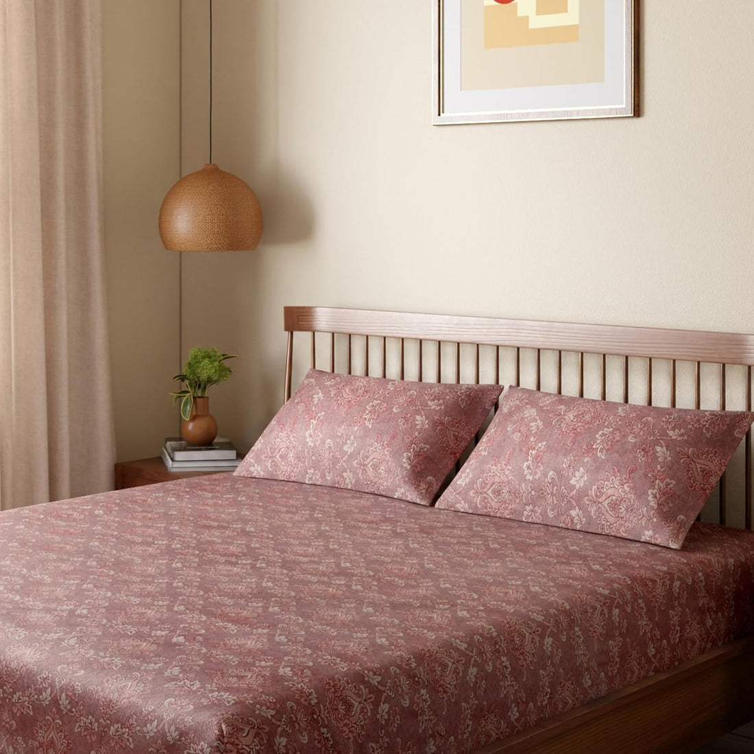 HOKIPO King Size Cotton Bedsheet, 2 Pillow Covers, Reversible, Rose - image 1
