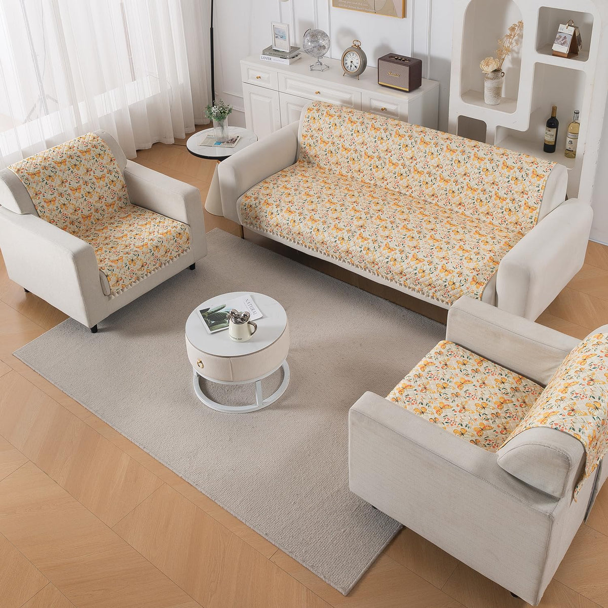 Quilted Sofa Cover 5-Seater Sofa Cover (3+1+1), Tassel Twigs | Sunlit Butterfly