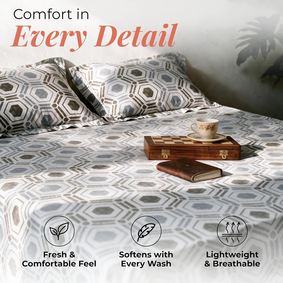 HOKIPO Geometric 180 TC Cotton Percale Flat Bedsheet, King Size, Buff Grey - image 3