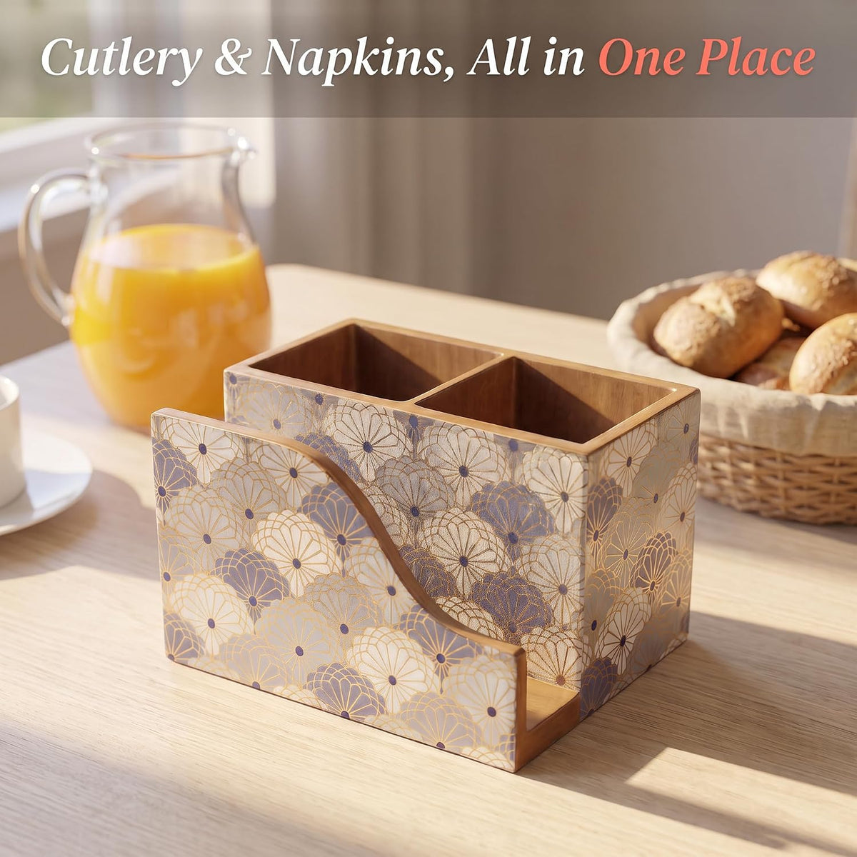 HOKIPO Cutlery Holder with Napkin Stand, Engineered Wood, Indigo Flora - image 7