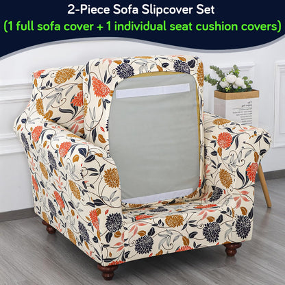 Printed Stretchable Sofa Slipcover with 1/2/3 Pc Separate Seat Cushion Cover for each 1/2/3 Seater, Sunset Botanical Bloom